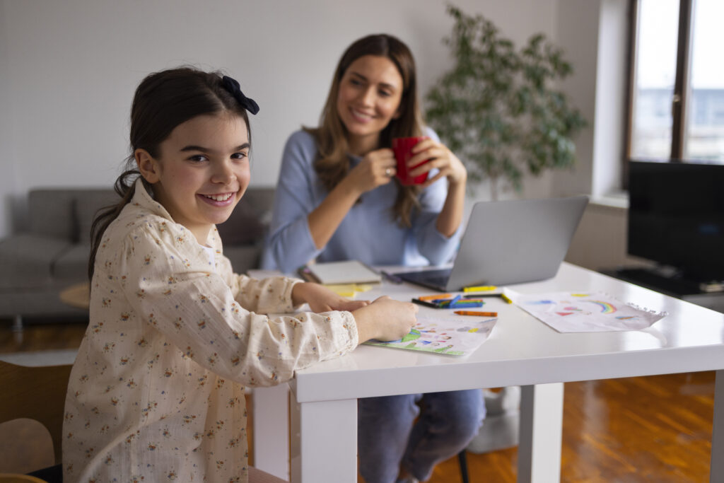 side view family sitting table